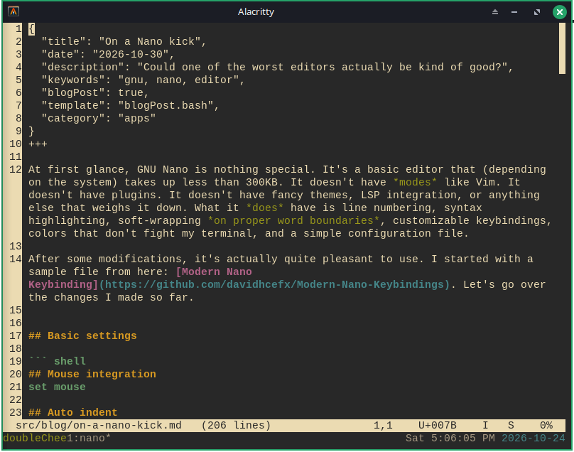 Screenshot of GNU Nano with default colors. The line numbers on the left are black on white, and the scrollbar is white on default.