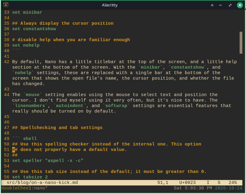Screenshot of GNU Nano with custom colors. The line numbers on the left are yellow on default, and the scrollbar is grey on default.