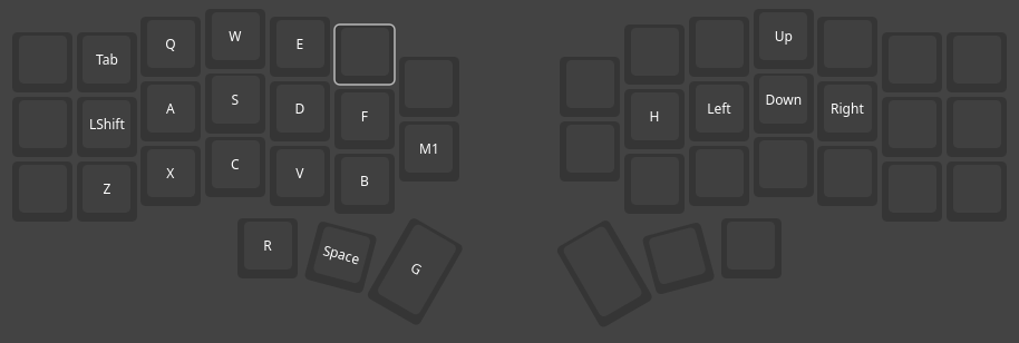 Image of Layer 5. Several keys on the left half have shifted to the right by one. R, Space, and G were moved to the thumb keys.